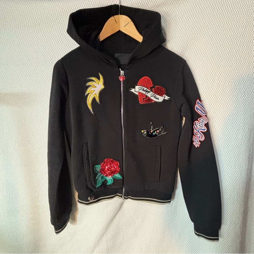 PHILIPP PLEIN Sz M (estimated) Zipper Hoodie with Embroidered Patches Lined